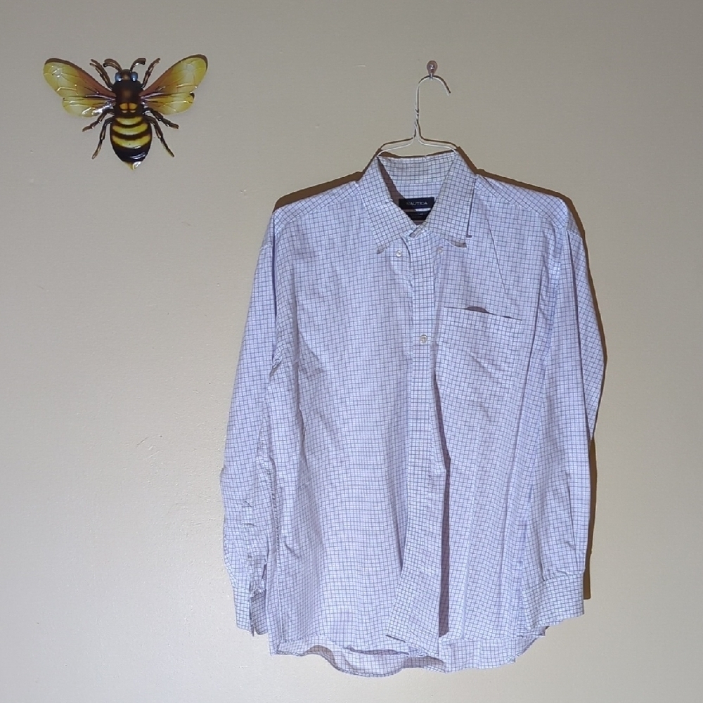 Nautica Men's White and Blue Plaid  Dress Shirt